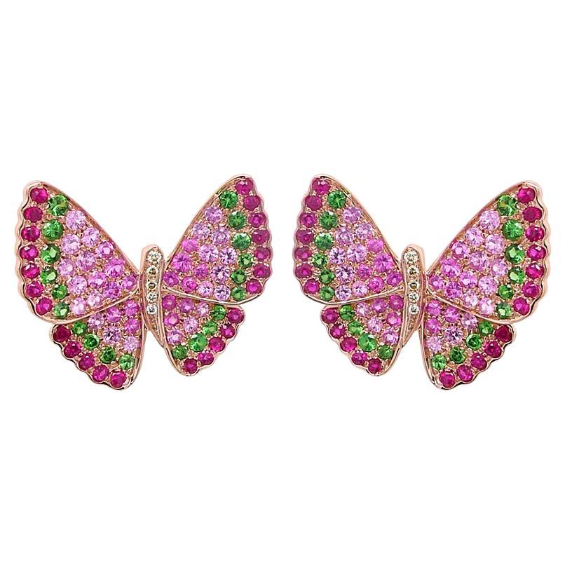 Pink Sapphire & Ruby Diamonds Butterfly Sweet 18K Rose Gold Clip Ohrringe