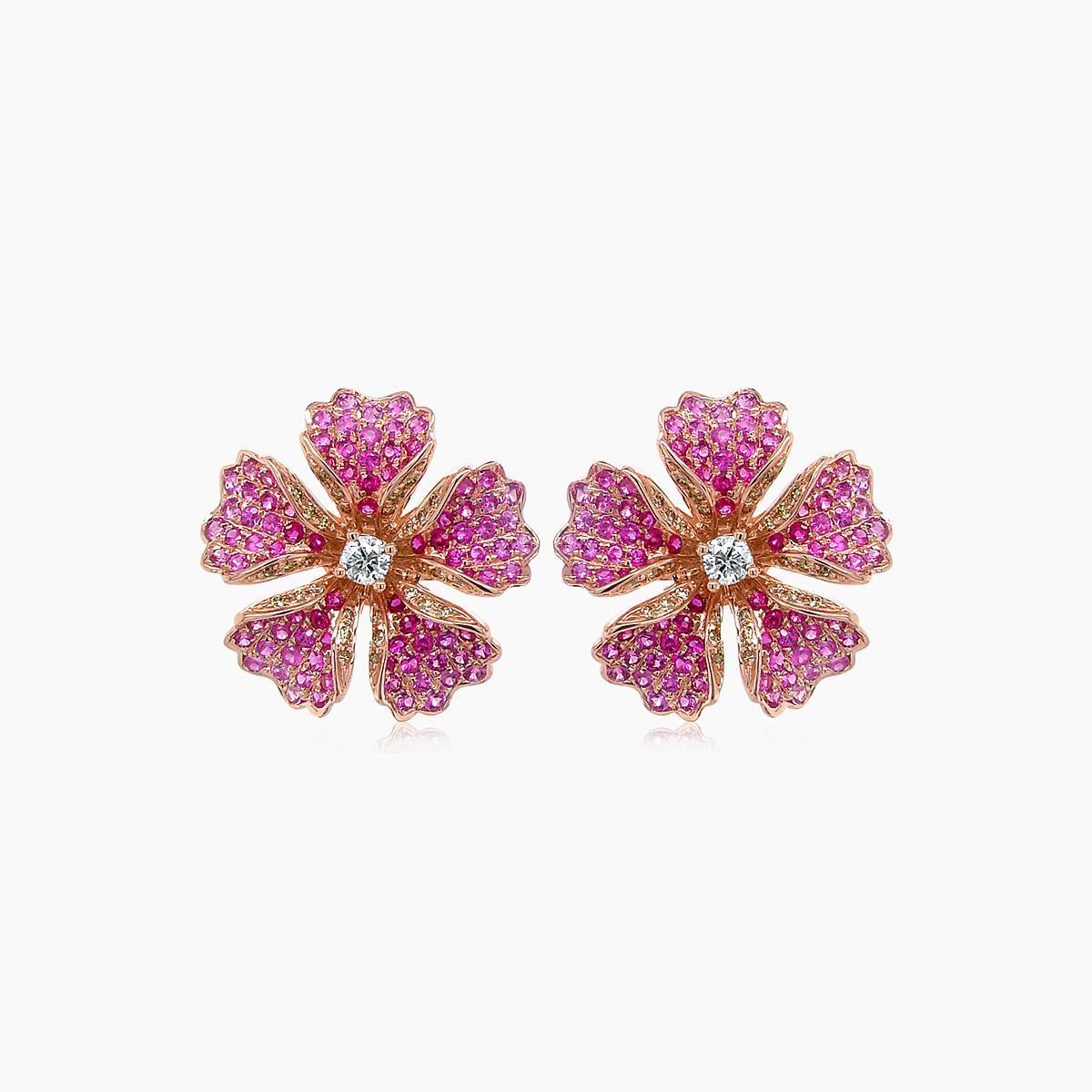 Mixed Cut Pink Sapphire Ruby & Fancy Diamond 18K Rose Gold Floral Design Earrings For Sale