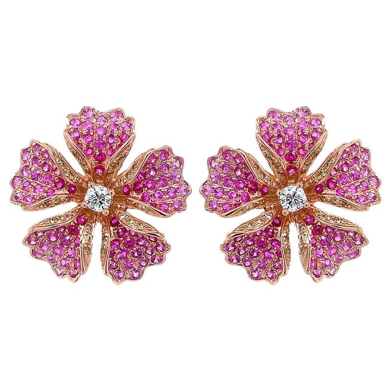 Pink Sapphire Ruby & Fancy Diamond 18K Rose Gold Floral Design Earrings