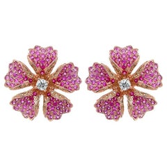 Pink Sapphire Ruby & Fancy Diamond 18K Rose Gold Floral Design Earrings