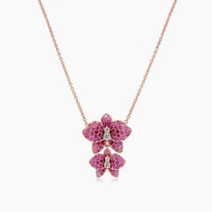 Pink Sapphire Ruby & Fancy Diamond Floral Rose Gold Butterfly Pendant Necklace