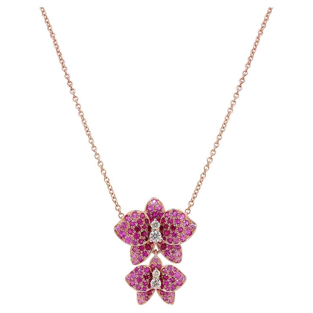 Pink Sapphire Ruby & Fancy Diamond Floral Rose Gold Butterfly Pendant Necklace