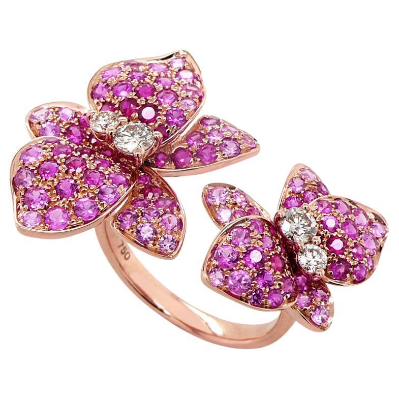 Pink Sapphire Ruby & Fancy Diamond Lilly Flower Flower 18K Rose Gold Ring