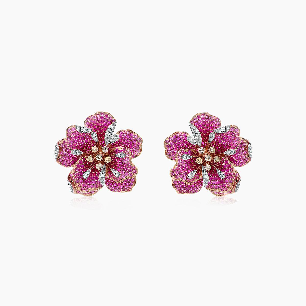 Pink Sapphire Ruby Fancy & White Diamond Lilly Flower 18K Rose Gold Earrings In New Condition For Sale In Oakton, VA