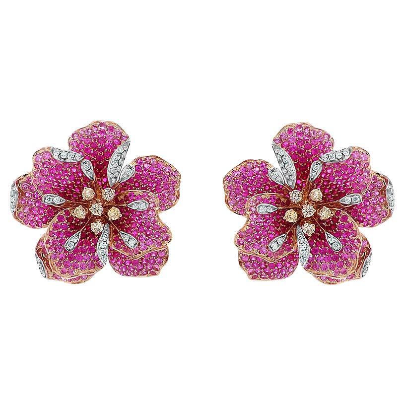 Pink Sapphire Ruby Fancy & White Diamond Lilly Flower 18K Rose Gold Earrings For Sale