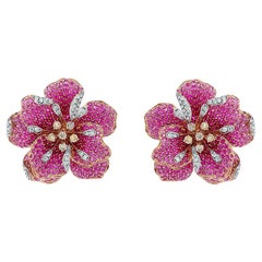 Pink Sapphire Ruby Fancy & White Diamond Lilly Flower 18K Rose Gold Earrings