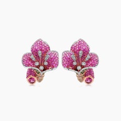 Pink Sapphire Ruby Multi-Gemstone Lilly Flower 18K Rose Gold Earrings