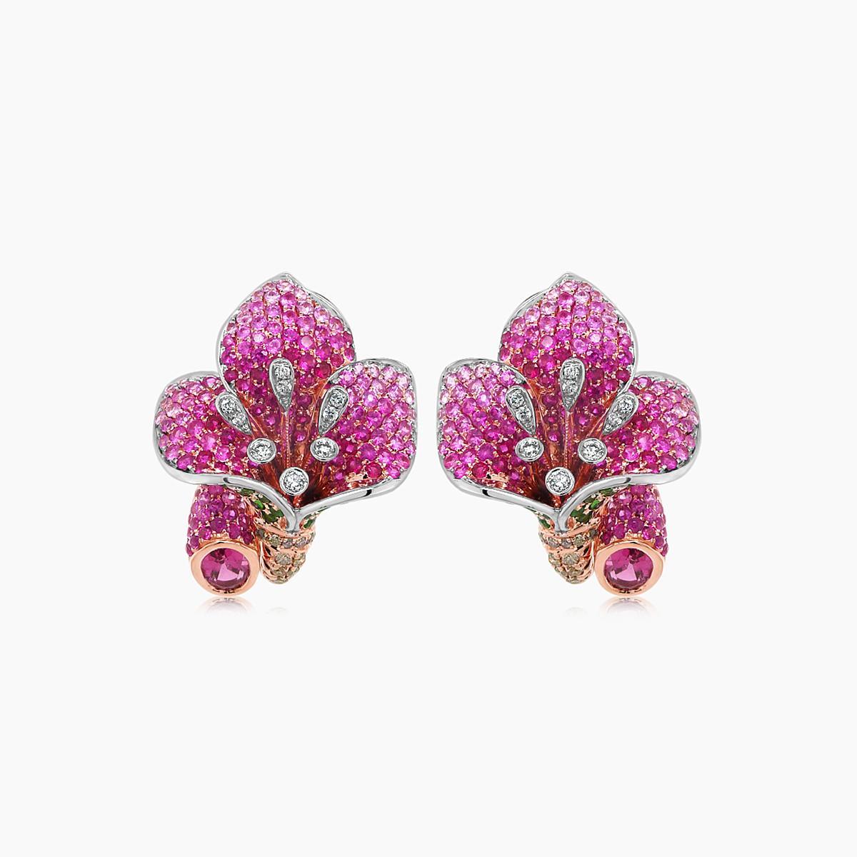Pink Sapphire Ruby Multi-Gemstone Lilly Flower 18K Rose Gold Earrings In New Condition For Sale In Oakton, VA