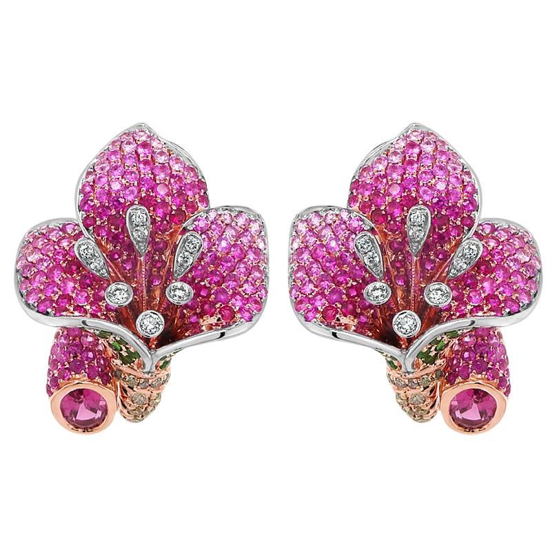 Pink Sapphire Ruby Multi-Gemstone Lilly Flower 18K Rose Gold Earrings