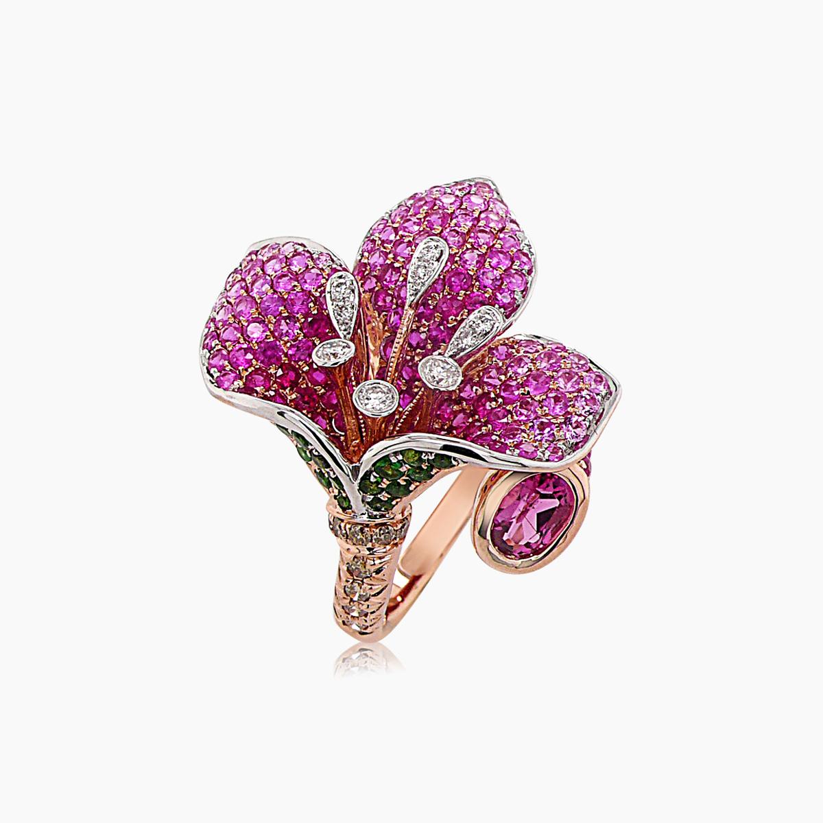 Ring mit rosa Saphir, Rubin und mehreren Edelsteinen The Lilly Flower Rose Gold Florales Design im Zustand „Neu“ im Angebot in Oakton, VA