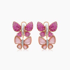 Pink Sapphire & Ruby Pearl Diamonds Butterfly Sweet 18K Rose Gold Clip Earrings