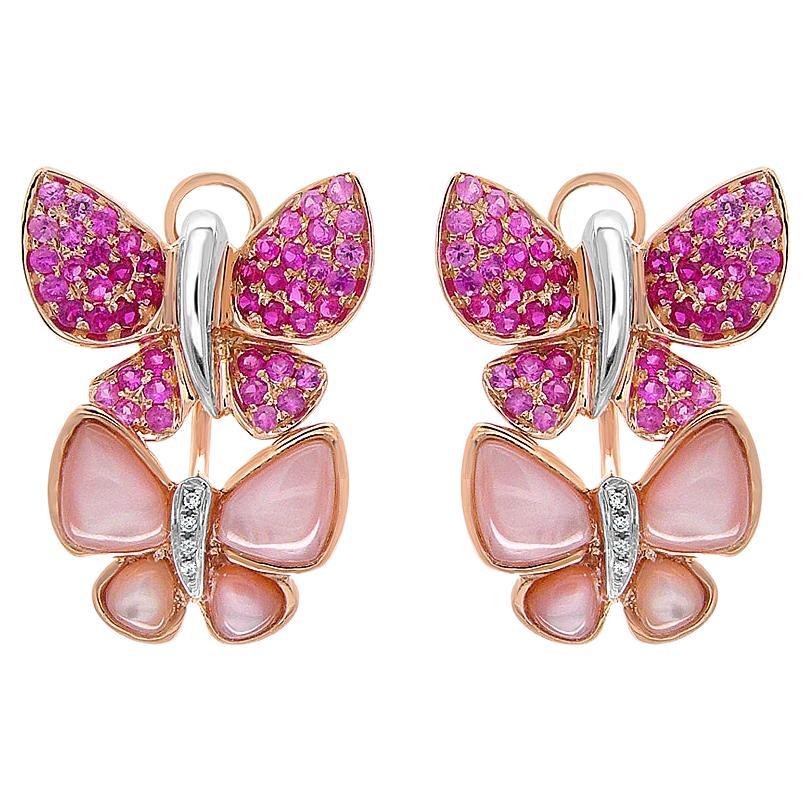 Pink Sapphire & Ruby Pearl Diamonds Butterfly Sweet 18K Rose Gold Clip Earrings For Sale