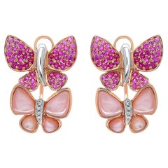 Pink Sapphire & Ruby Pearl Diamonds Butterfly Sweet 18K Rose Gold Clip Earrings