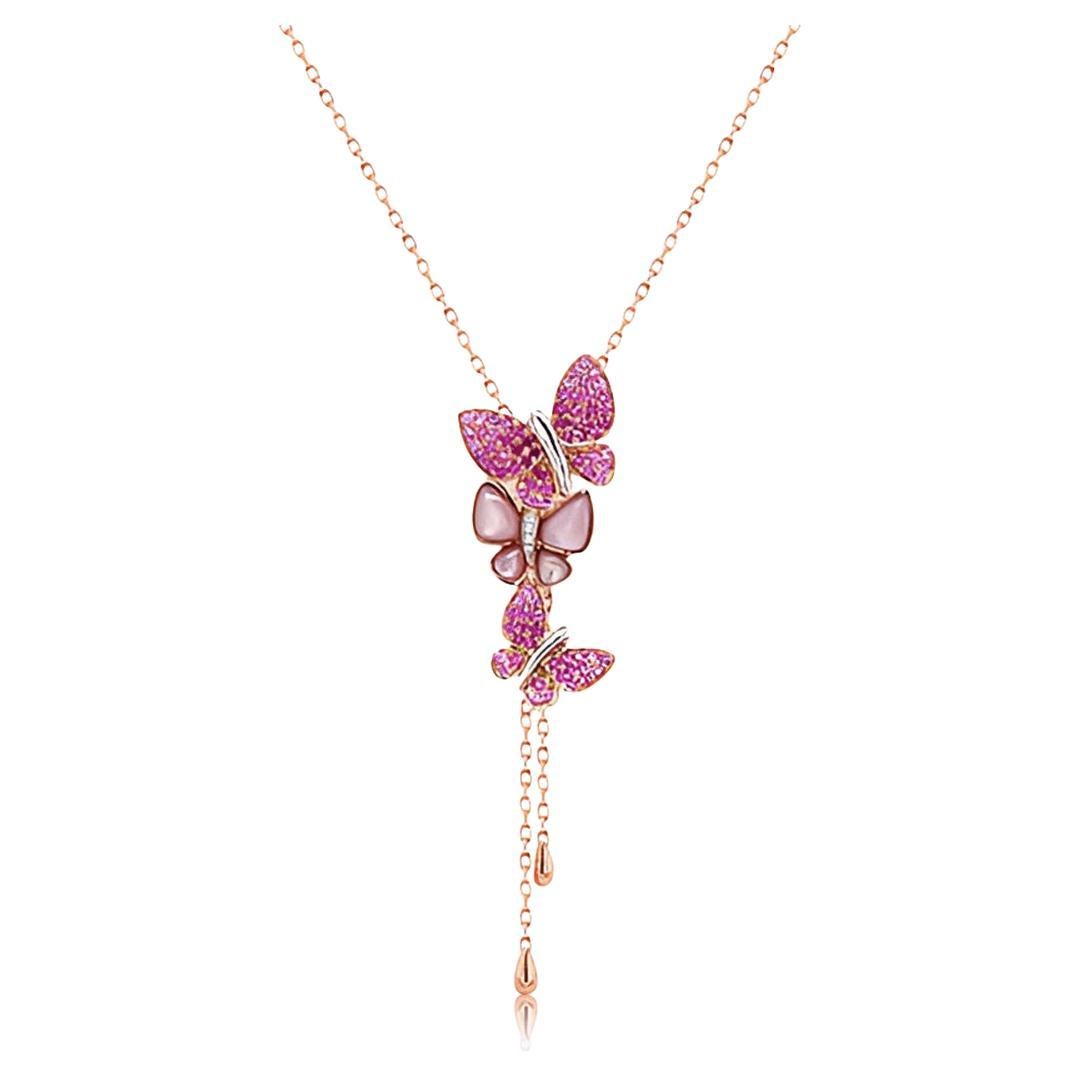 Rosa Saphir & Rubin Perlen Diamanten Schmetterling Sweet Rose Gold Anhänger Halskette