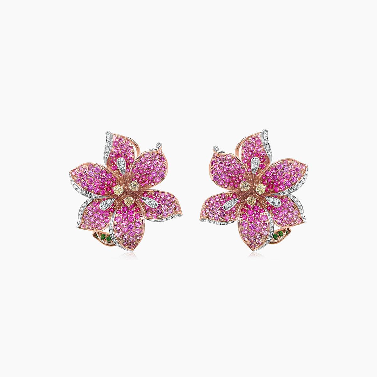 Mixed Cut Pink Sapphire Ruby White & Fancy Diamond Lilly Flower 18K Rose Gold Earrings For Sale