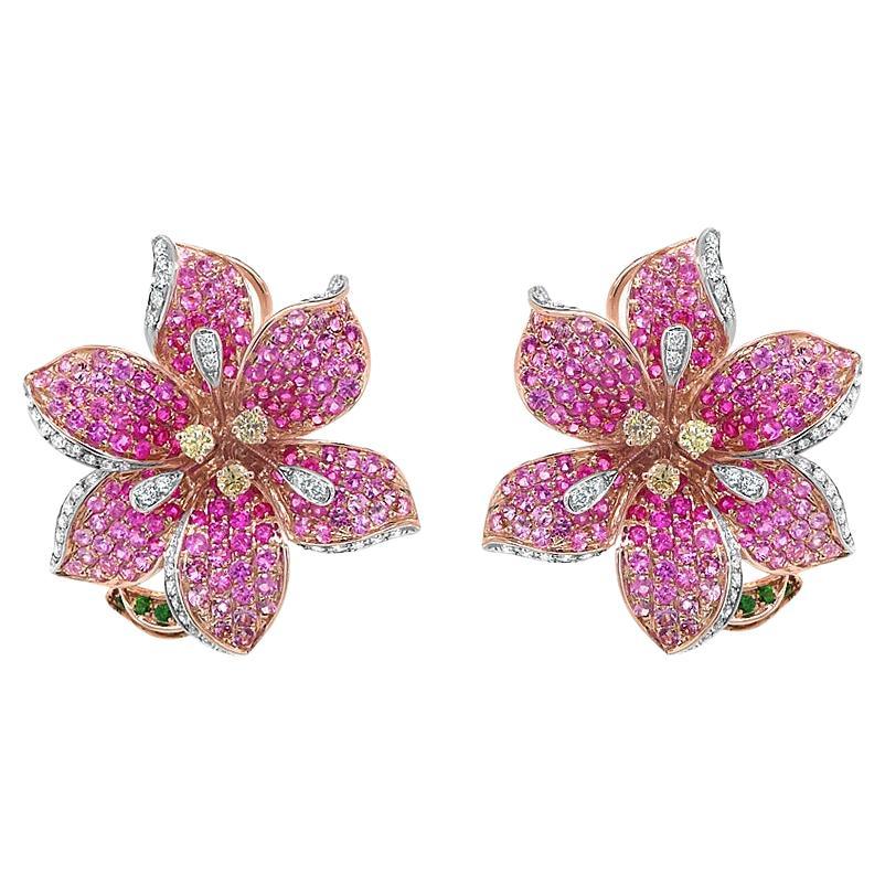 Pink Sapphire Ruby White & Fancy Diamond Lilly Flower 18K Rose Gold Earrings