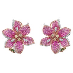 Pink Sapphire Ruby White & Fancy Diamond Lilly Flower 18K Rose Gold Earrings