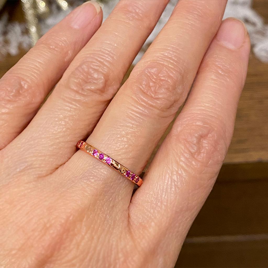 For Sale:  Pink Sapphire set in Textured 14 Karat Rose Gold Band from K.MITA - Large 2