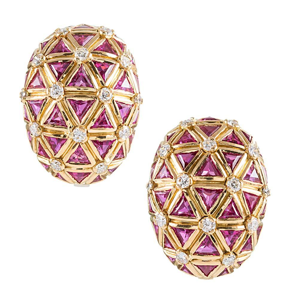 Mixed Cut Pink Sapphire Seven Diamond Honeycomb Earrings