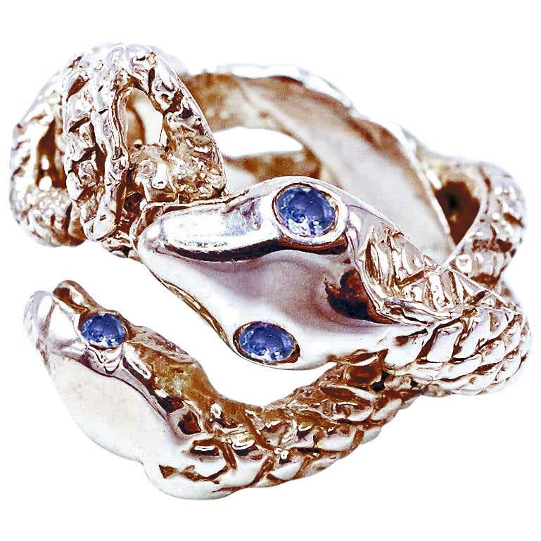 Brilliant Cut Sapphire Snake Ring Cocktail Ring Adjustable Bronze Dauphin For Sale