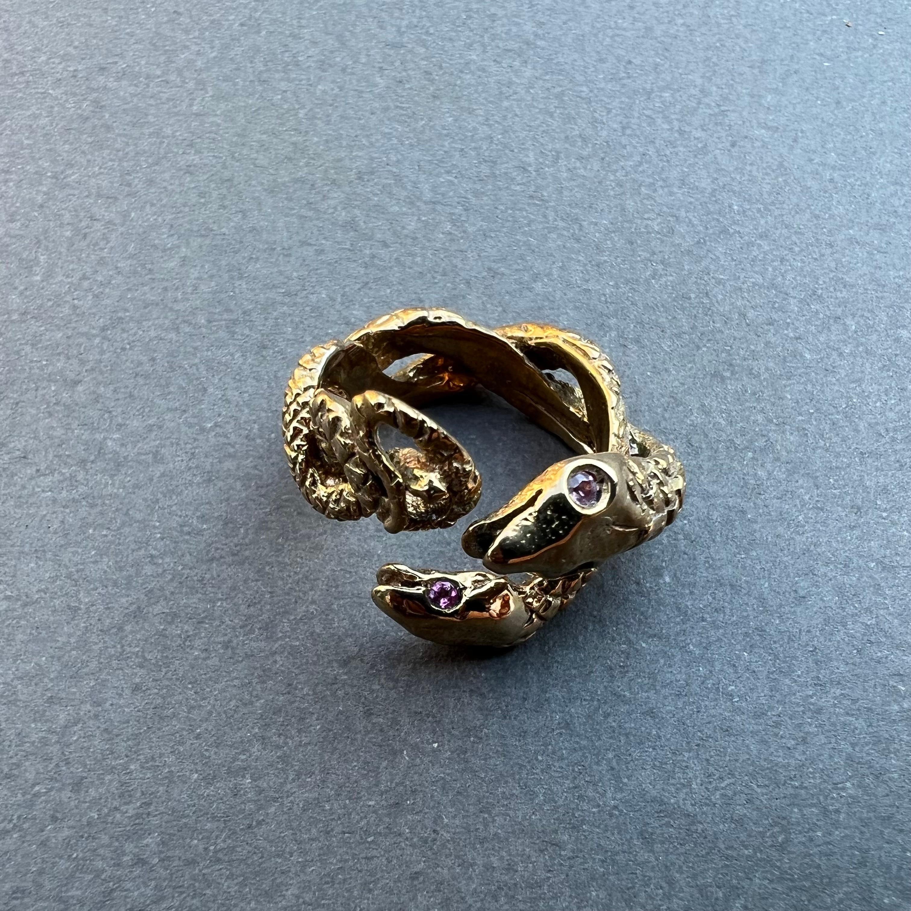 Taglio brillante Anello Serpente Zaffiro Rosa Anello Animale Doppia Testa Bronzo Dauphin