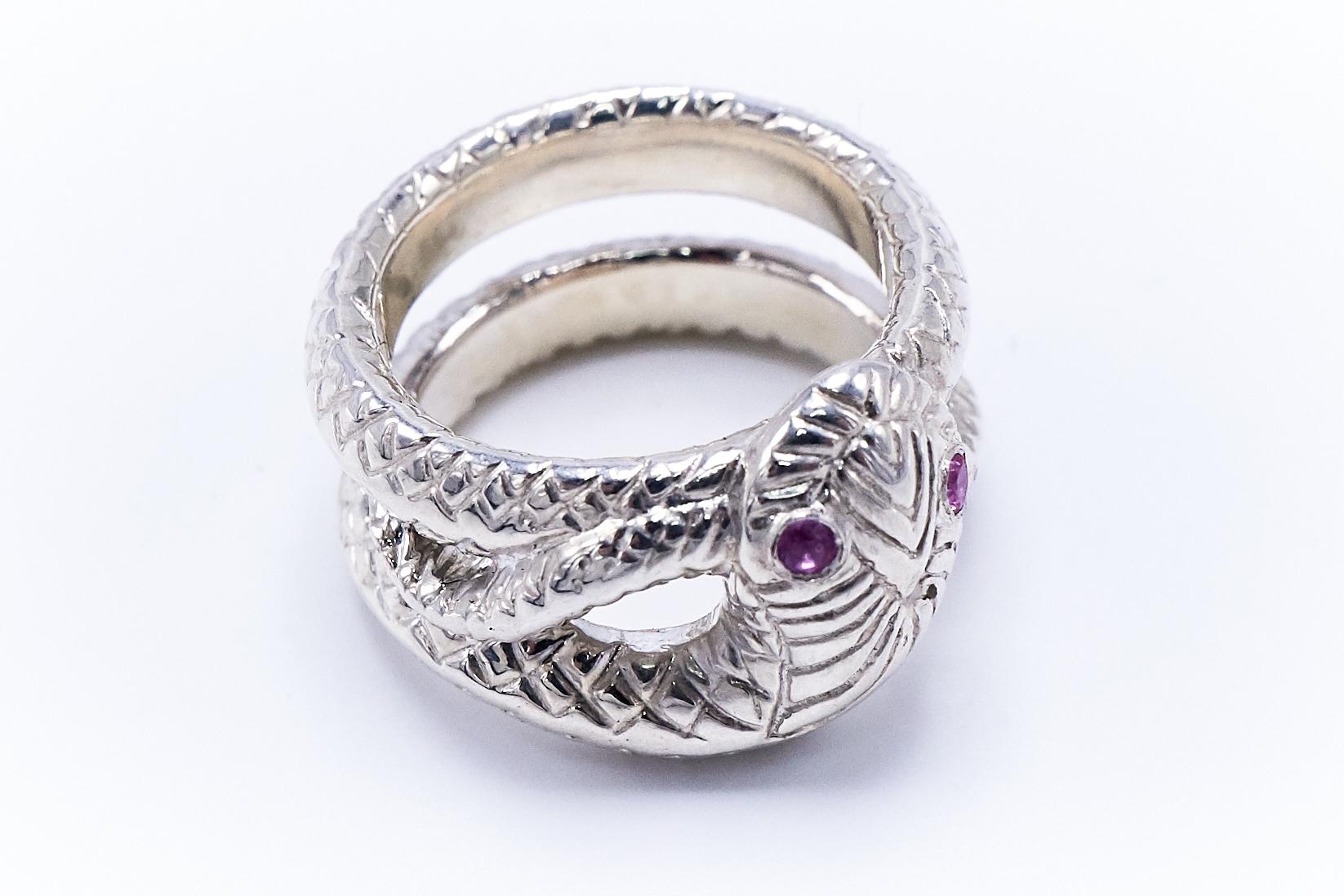 Contemporary Pink Sapphire Snake Silver Ring Cocktail Ring Victorian Style J Dauphin For Sale