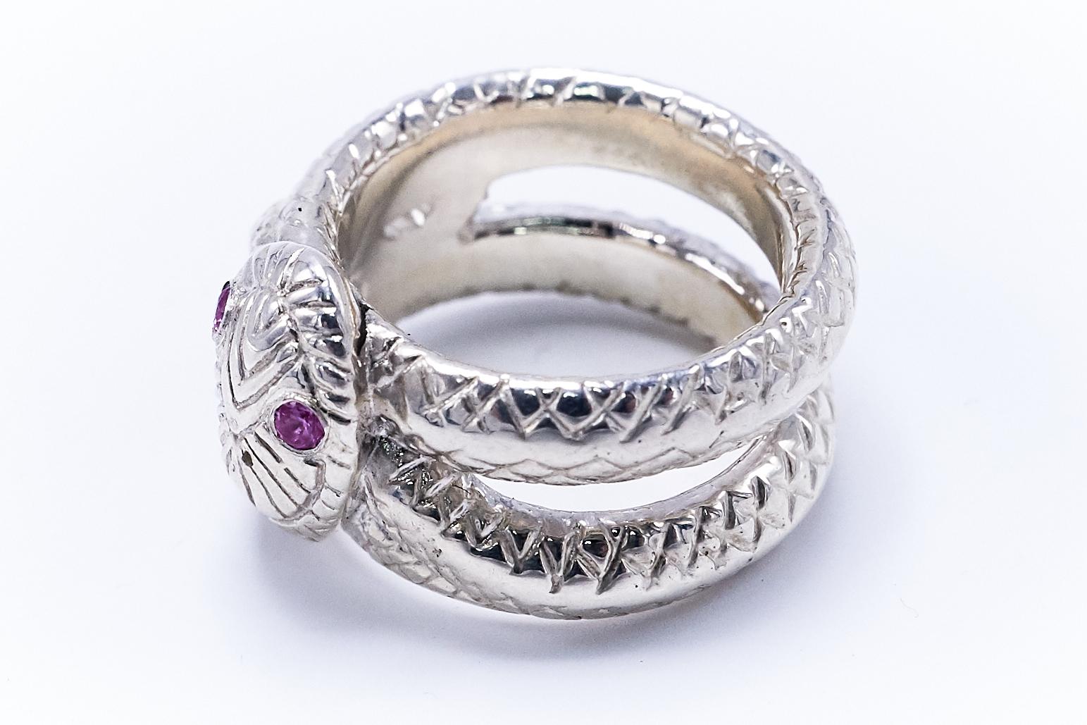 Brilliant Cut Pink Sapphire Snake Silver Ring Cocktail Ring Victorian Style J Dauphin For Sale