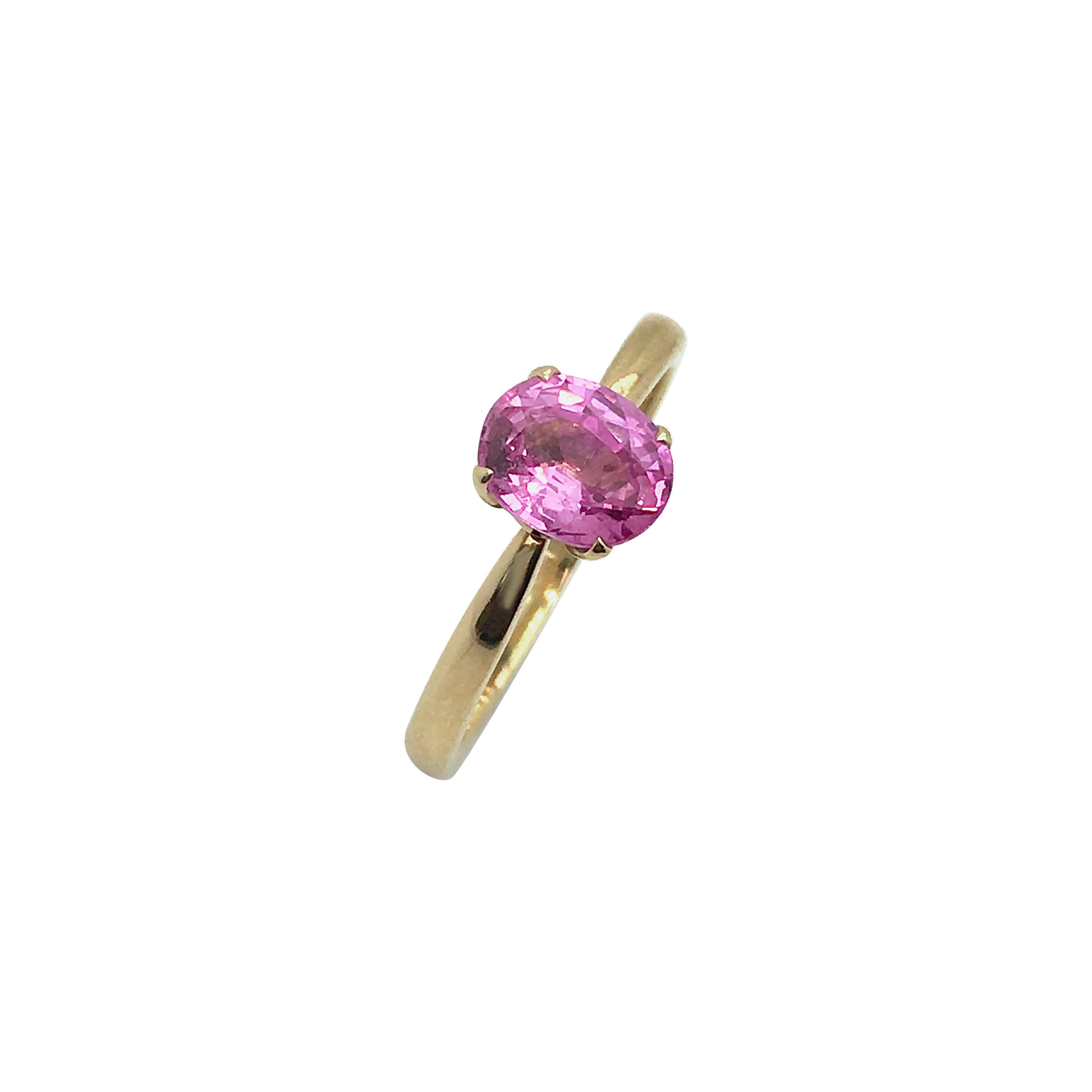 Pink Sapphire Solitaire Ring in 18 Karat Yellow Gold For Sale
