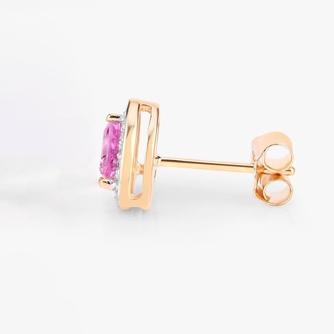 Women's Pink Sapphire Stud Earrings Diamond Halo 1.05 Carats 14K Yellow Gold For Sale