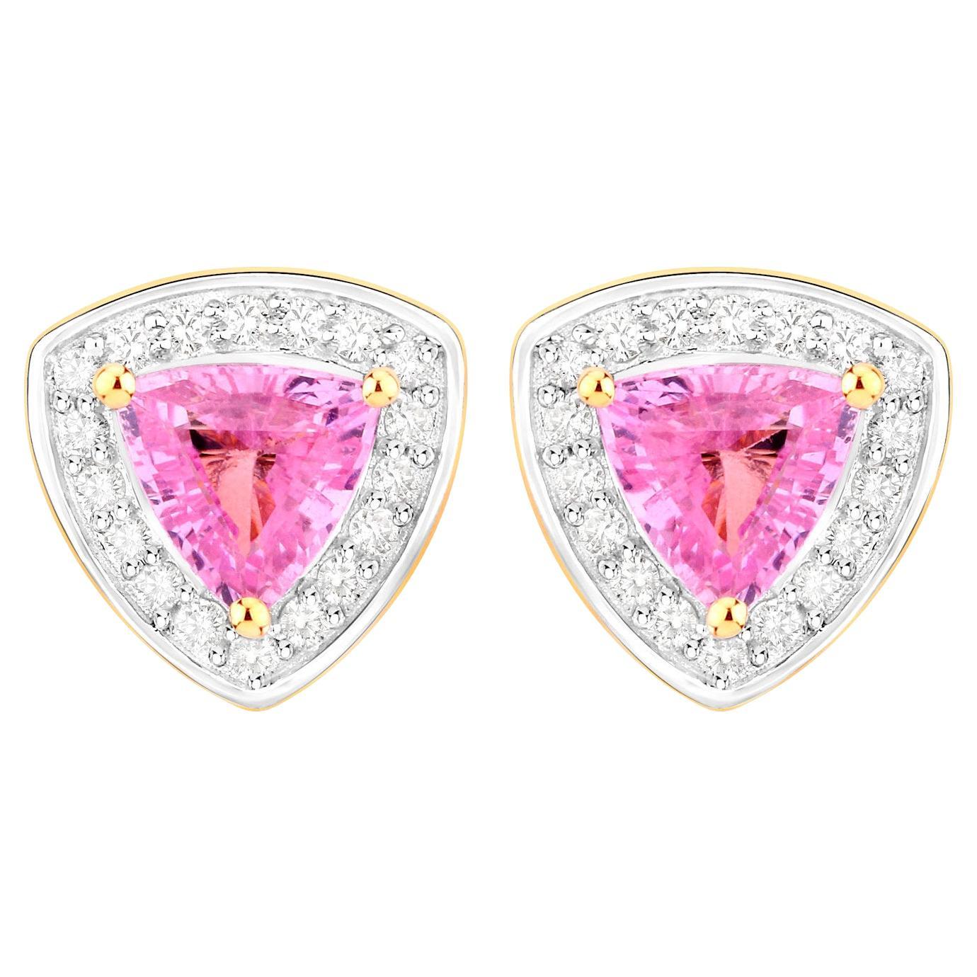 Pink Sapphire Stud Earrings Diamond Halo 1.05 Carats 14K Yellow Gold For Sale