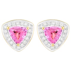 Pink Sapphire Stud Earrings Diamond Halo 1.05 Carats 14K Yellow Gold