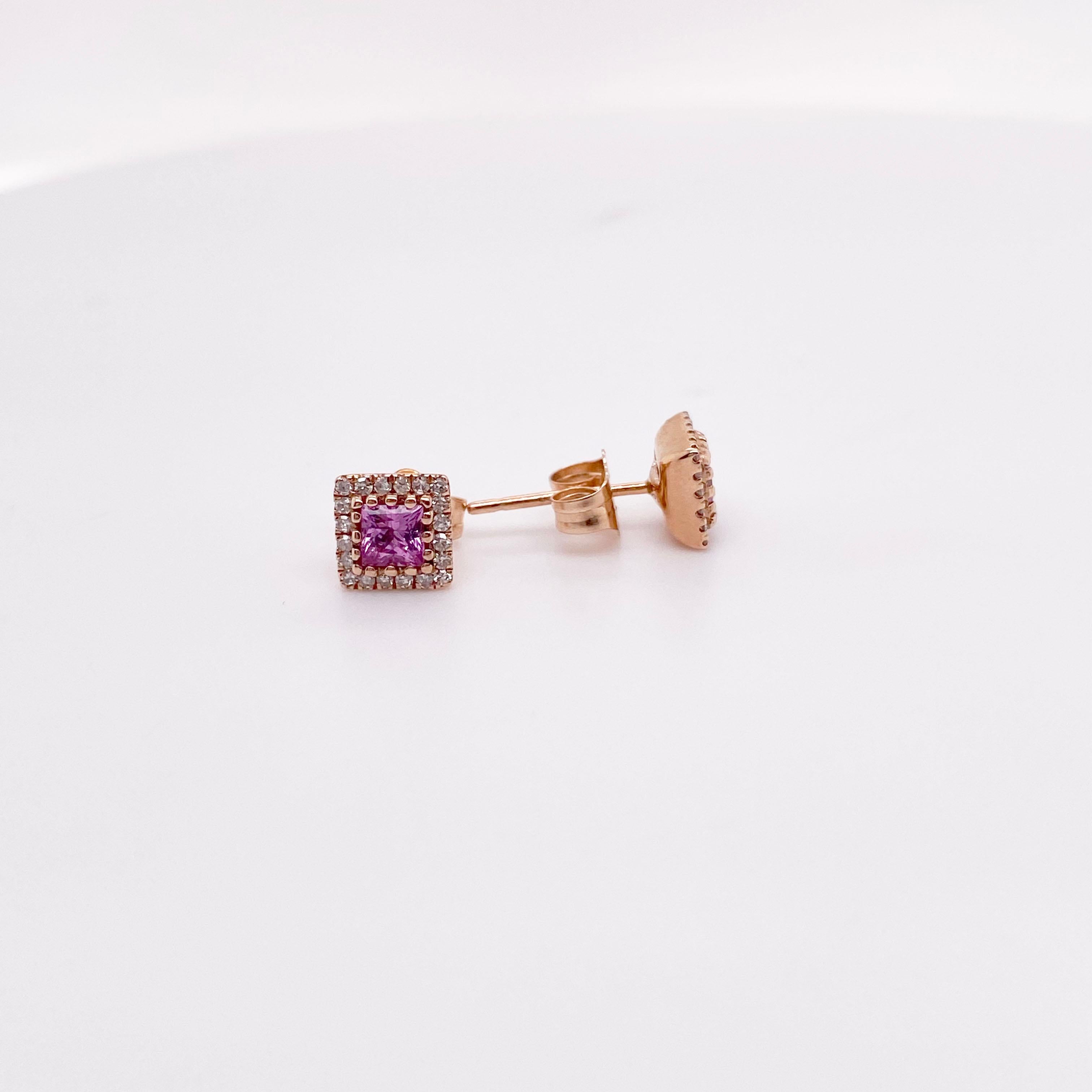 Square Cut Pink Sapphire Stud Earrings with Diamond Halo