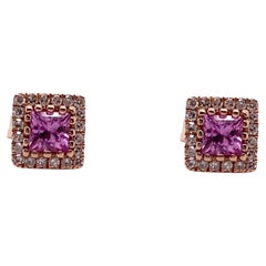 Pink Sapphire Stud Earrings with Diamond Halo