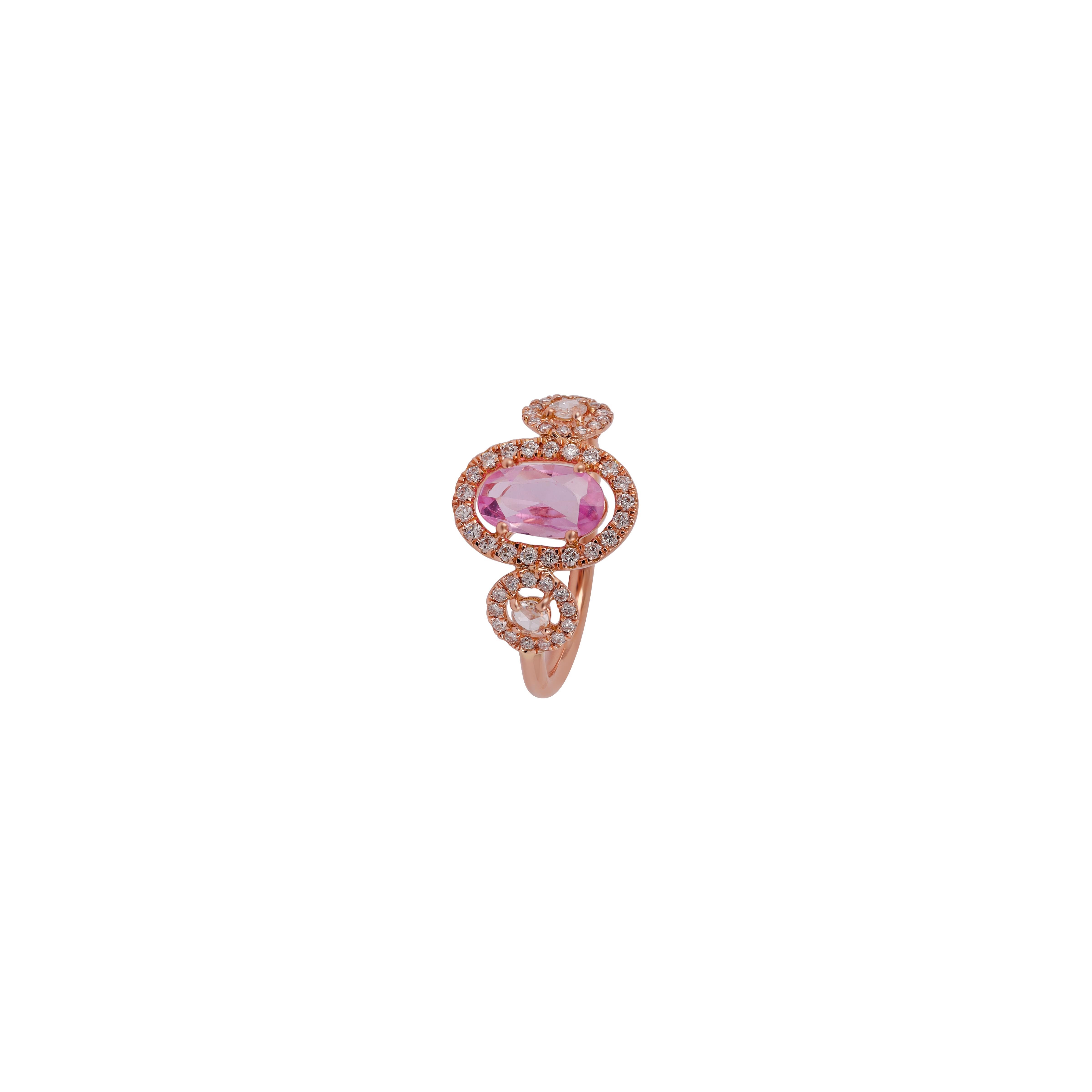 Contemporary Pink Sapphire Surrounded by Round Brilliant Cut Diamond Ring For Sale