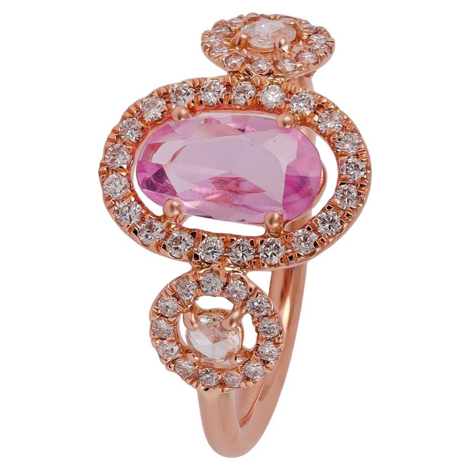 Pink Sapphire Surrounded by Round Brilliant Cut Diamond Ring For Sale