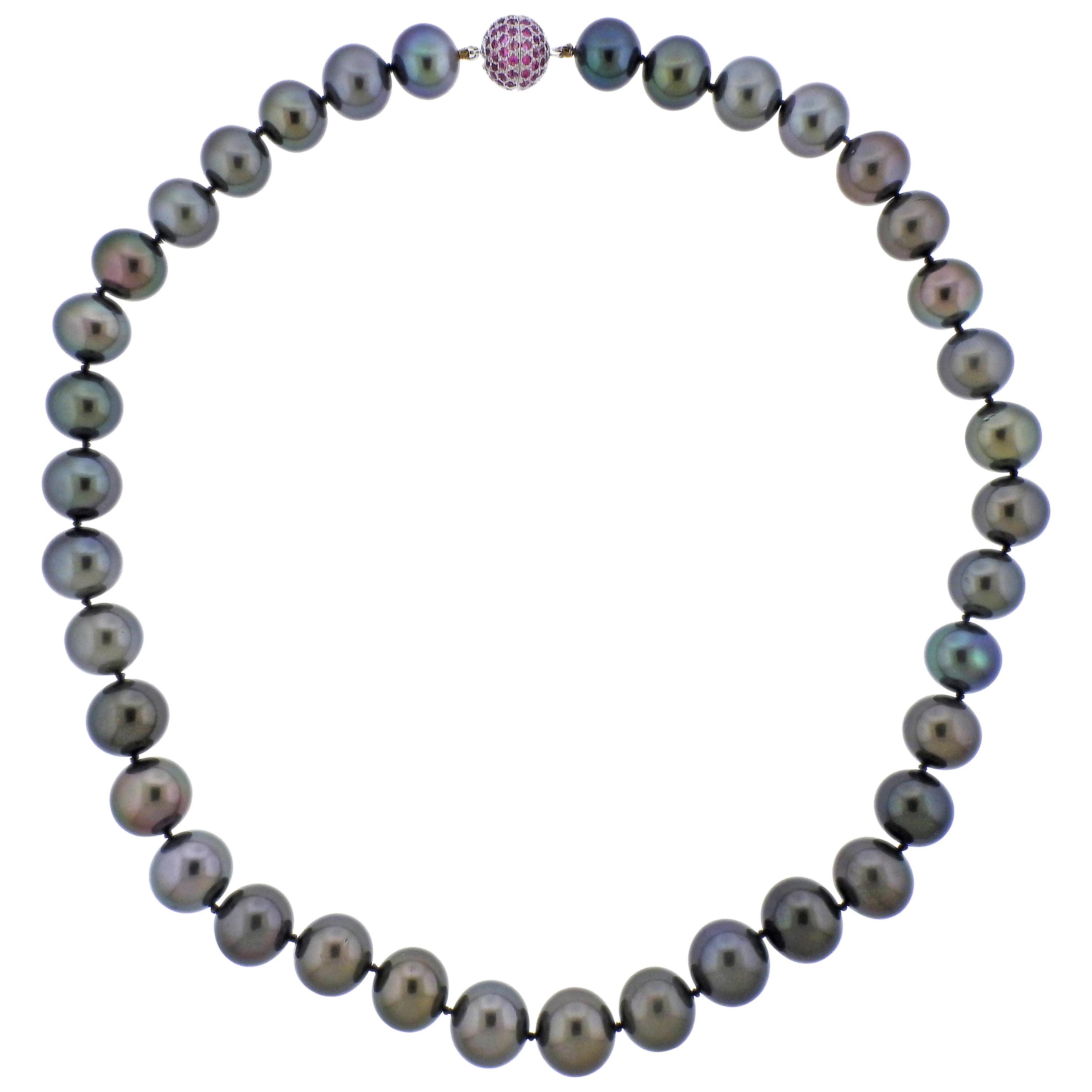 Pink Sapphire Tahitian South Sea Pearl Gold Necklace