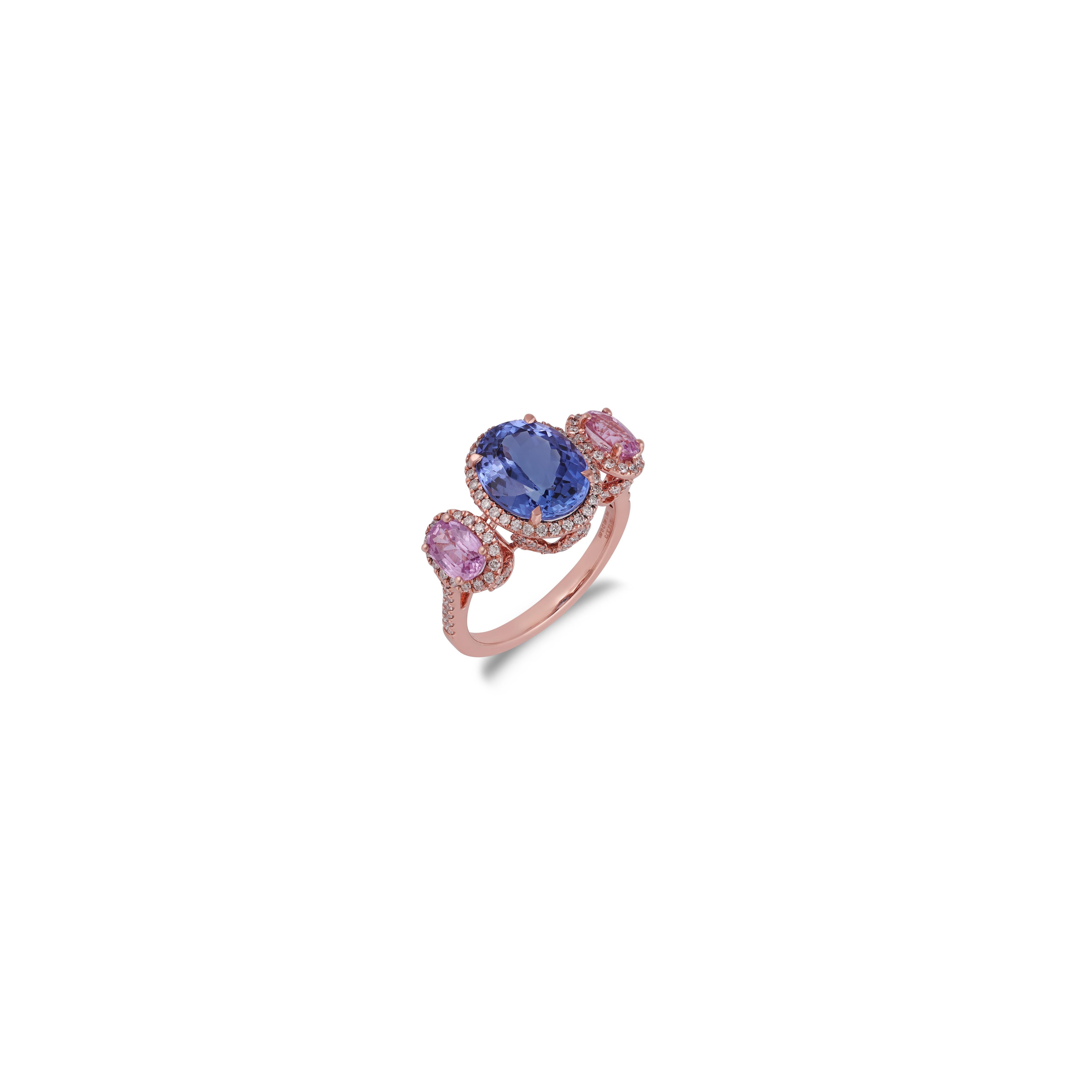 Taglio ovale Anello a 3 pietre con zaffiro rosa, tanzanite e diamante in oro 18 carati in vendita