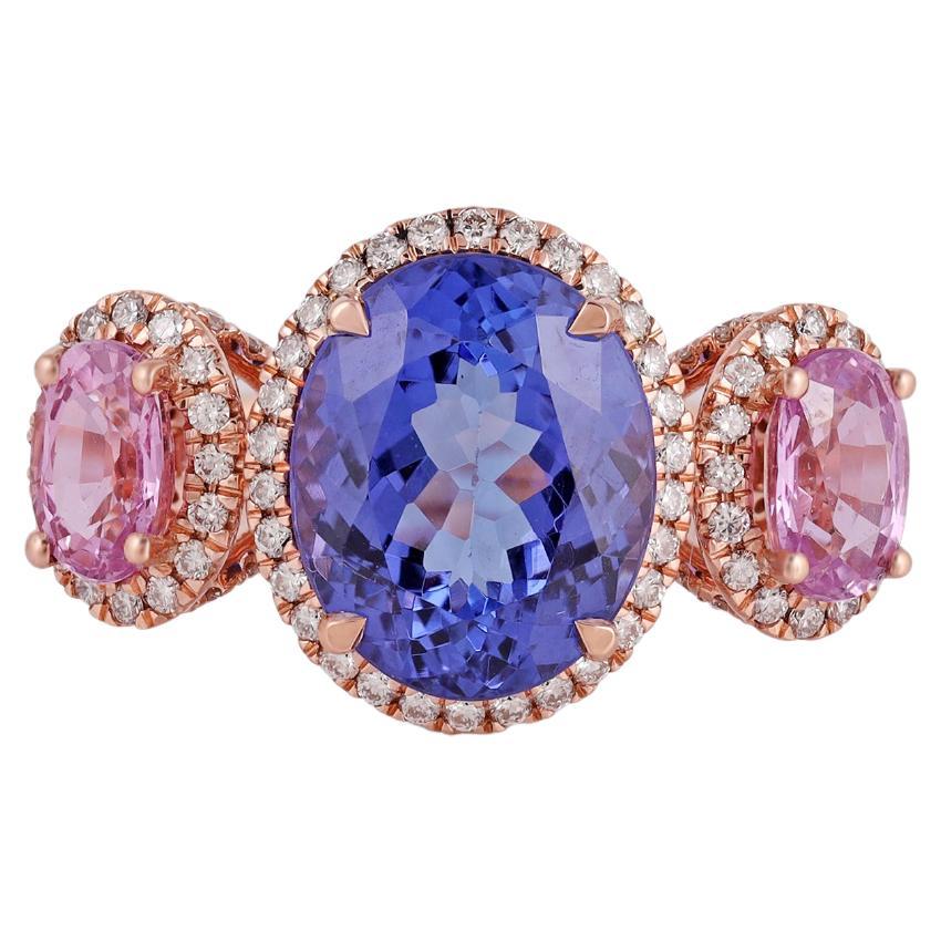 Pink Sapphire, Tanzanite and Diamond 3 Stone Ring in 18 Karat Gold