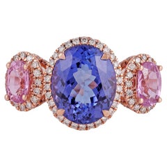Pink Sapphire, Tanzanite and Diamond 3 Stone Ring in 18 Karat Gold