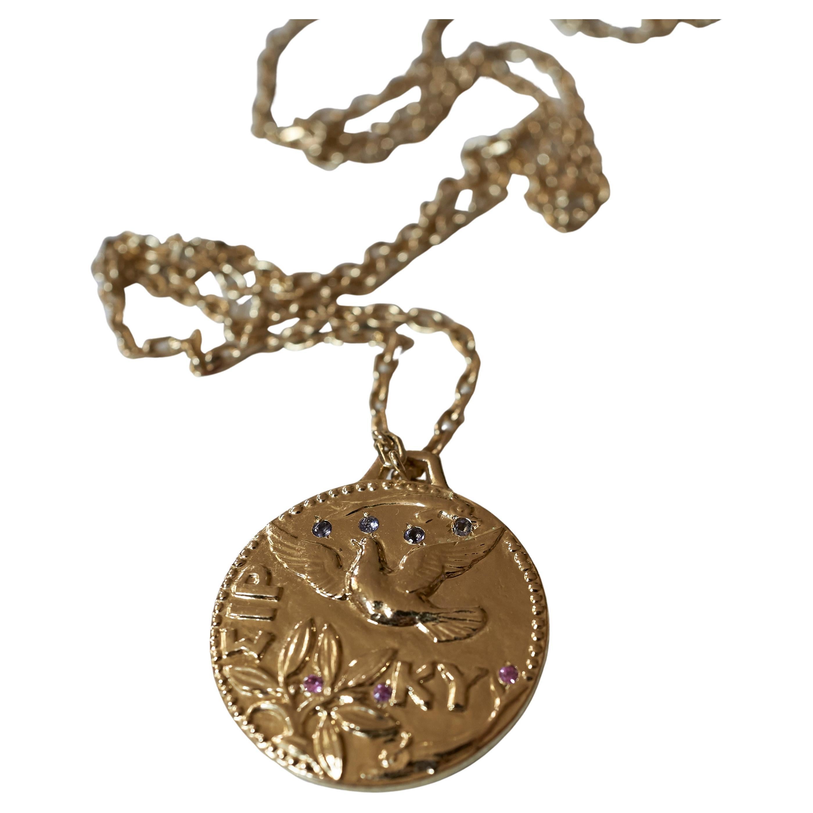 Pink Sapphire Tanzanite Medal Chain Necklace Gold Vermeil Dove Pegasus  For Sale