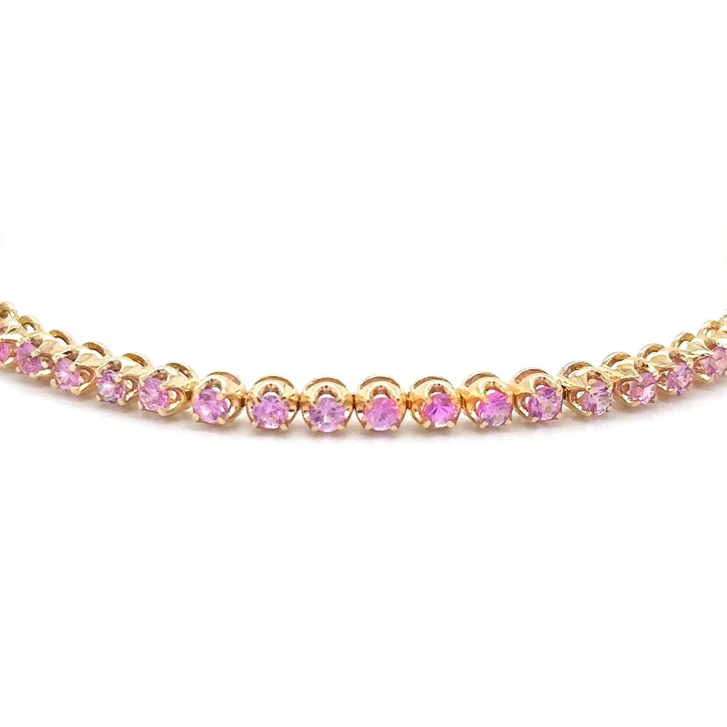 Contemporary Pink Sapphire Tennis Bracelet 2.89 Carats 14K Yellow Gold For Sale