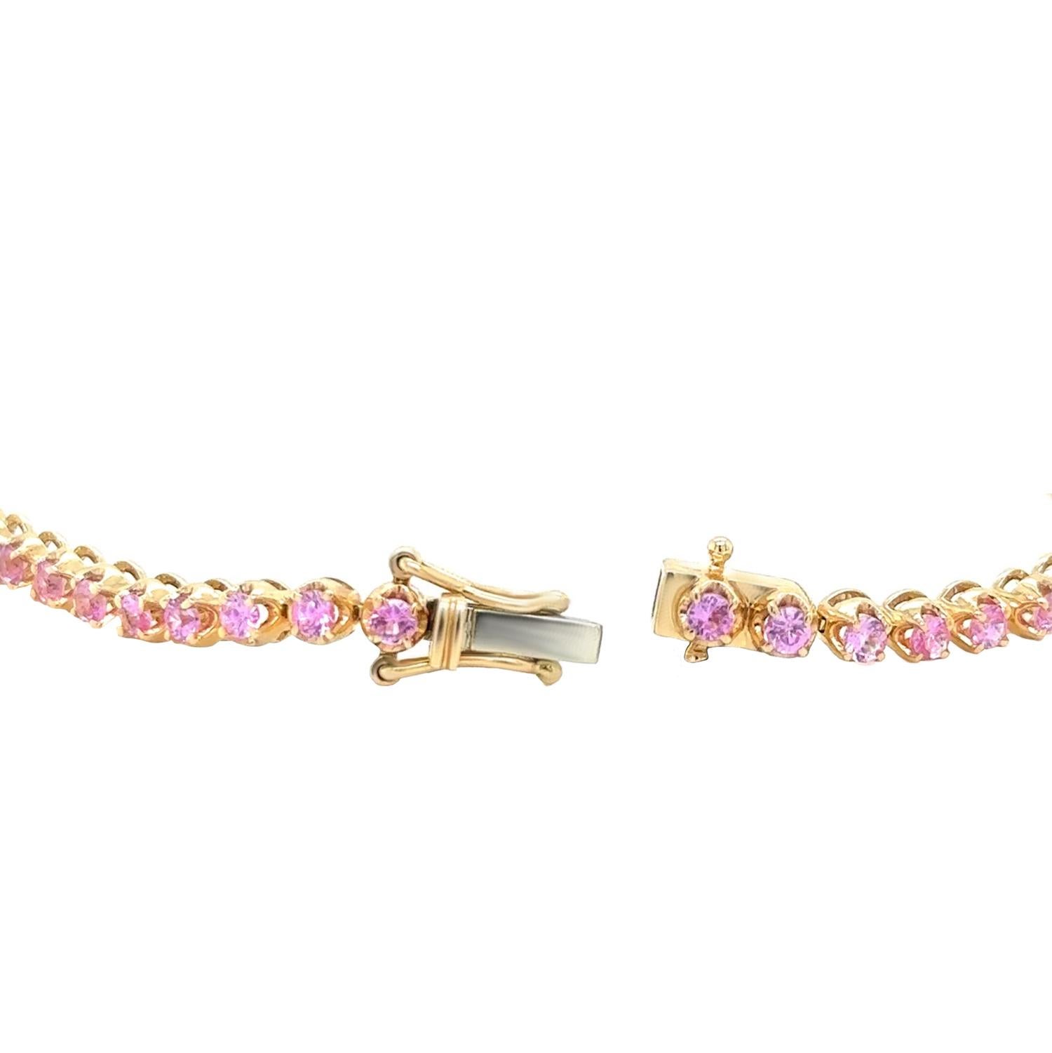 Round Cut Pink Sapphire Tennis Bracelet 2.89 Carats 14K Yellow Gold For Sale