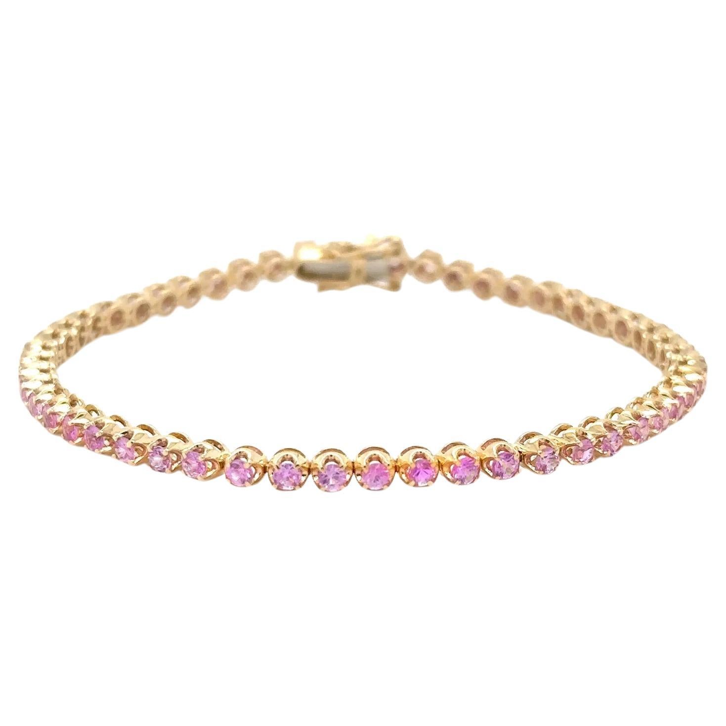 Pink Sapphire Tennis Bracelet 2.89 Carats 14K Yellow Gold For Sale