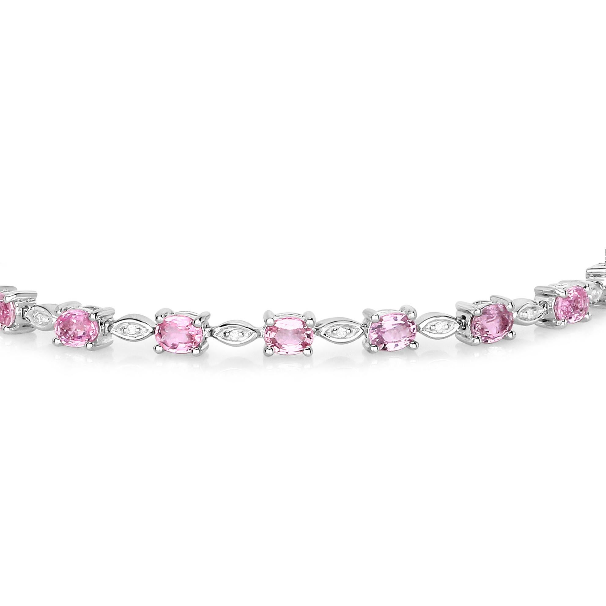 Contemporary Pink Sapphire Tennis Bracelet Diamond Links 4.50 Carats 14K White Gold For Sale