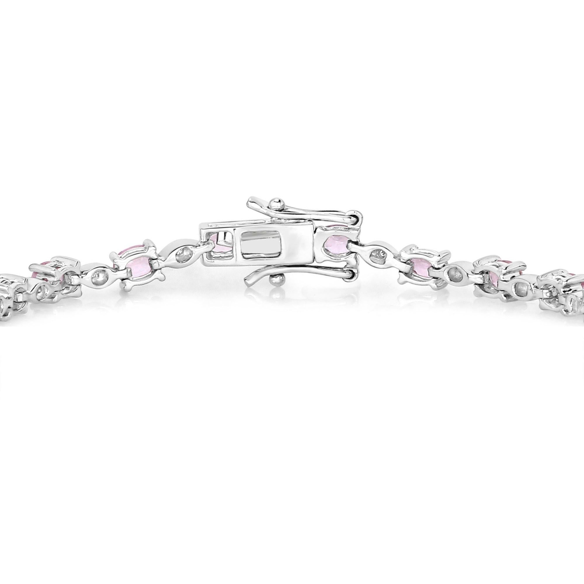 Oval Cut Pink Sapphire Tennis Bracelet Diamond Links 4.50 Carats 14K White Gold For Sale