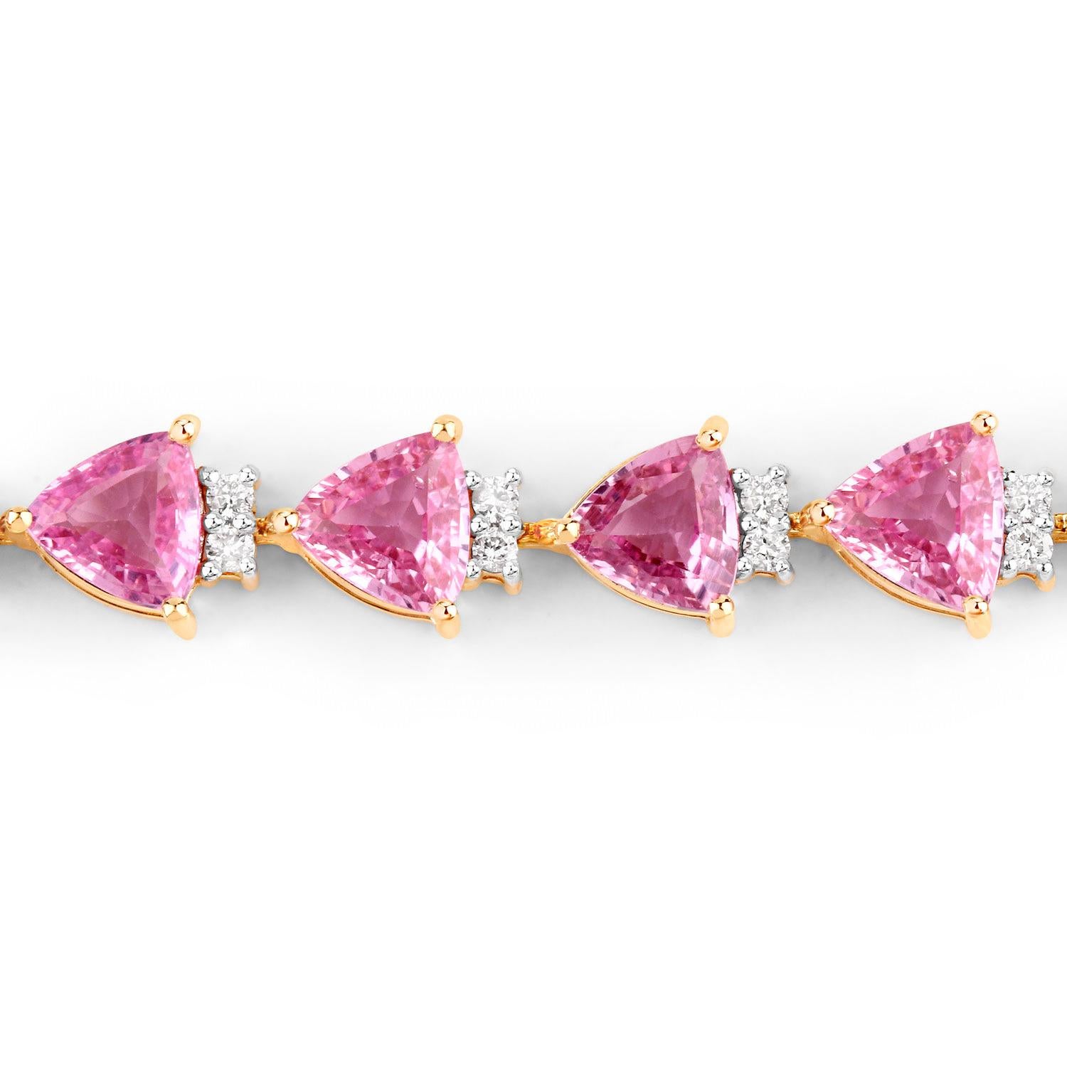 Zafiro Rosa Pulsera de Tenis Diamantes 11 Quilates Oro Amarillo 14K Corte trillion en venta