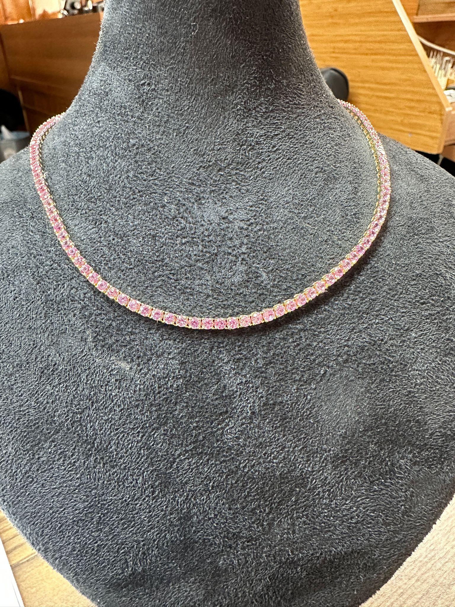 Round Cut Pink Sapphire Tennis Necklace For Sale