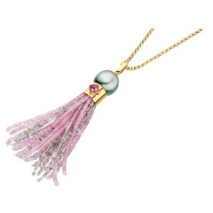 Pink Sapphire Tourmaline Black Pearl Tassel Pendant 18 Karat Gold