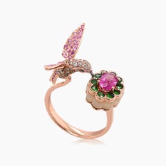 Pink Sapphire & Tourmaline Diamond Pave Hummingbird 18K Rose Gold Ring
