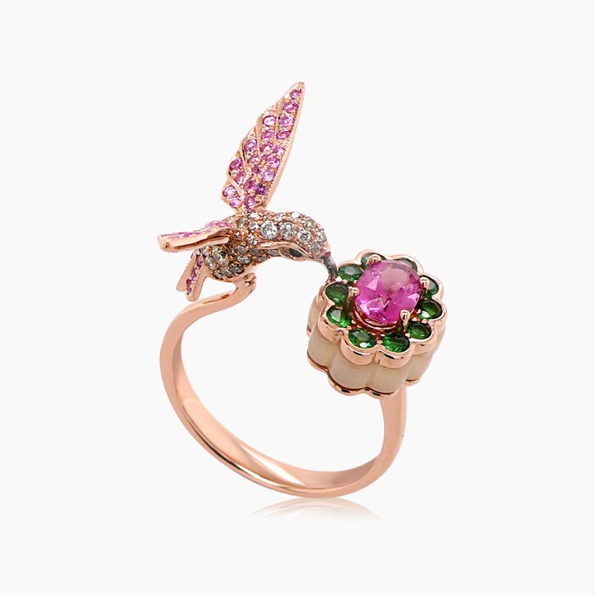 Pink Saphir & Turmalin Diamant Pave Hummingbird 18K Rose Gold Ring im Zustand „Neu“ im Angebot in Oakton, VA